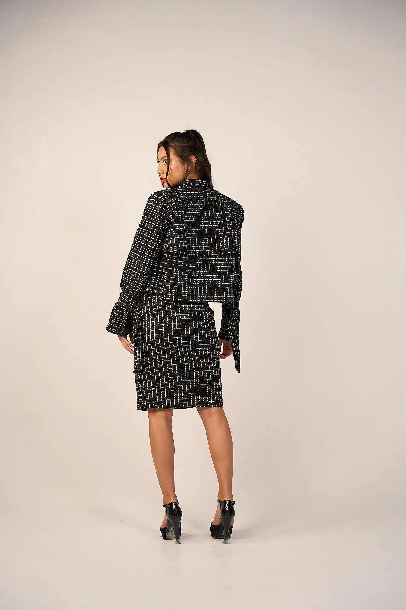 2 Pcs Tweed Trench Jacket & Skirt Set