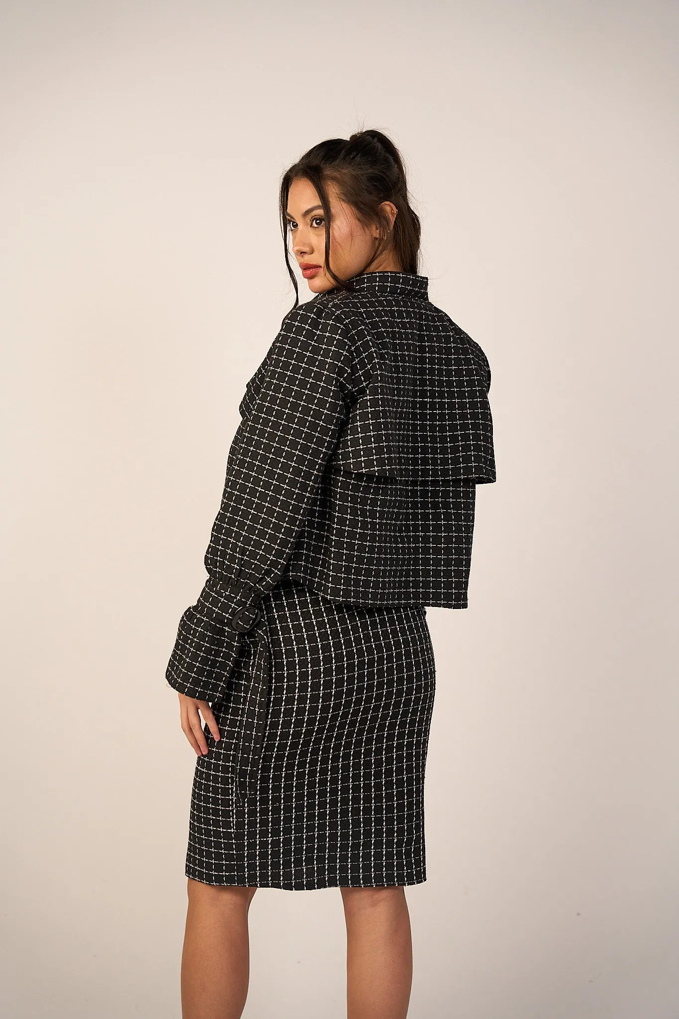2 Pcs Tweed Trench Jacket & Skirt Set