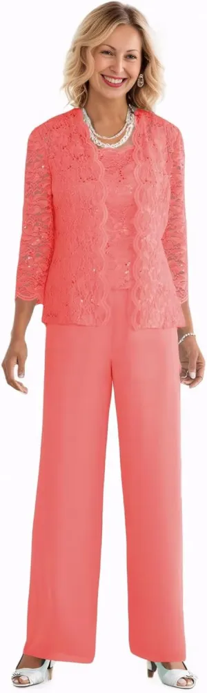 3 Pieces Mother of The Bride Pant Suits with Jacket Sequin Lace Chiffon Formal Evening Party Outfit Dressy Pantsuits