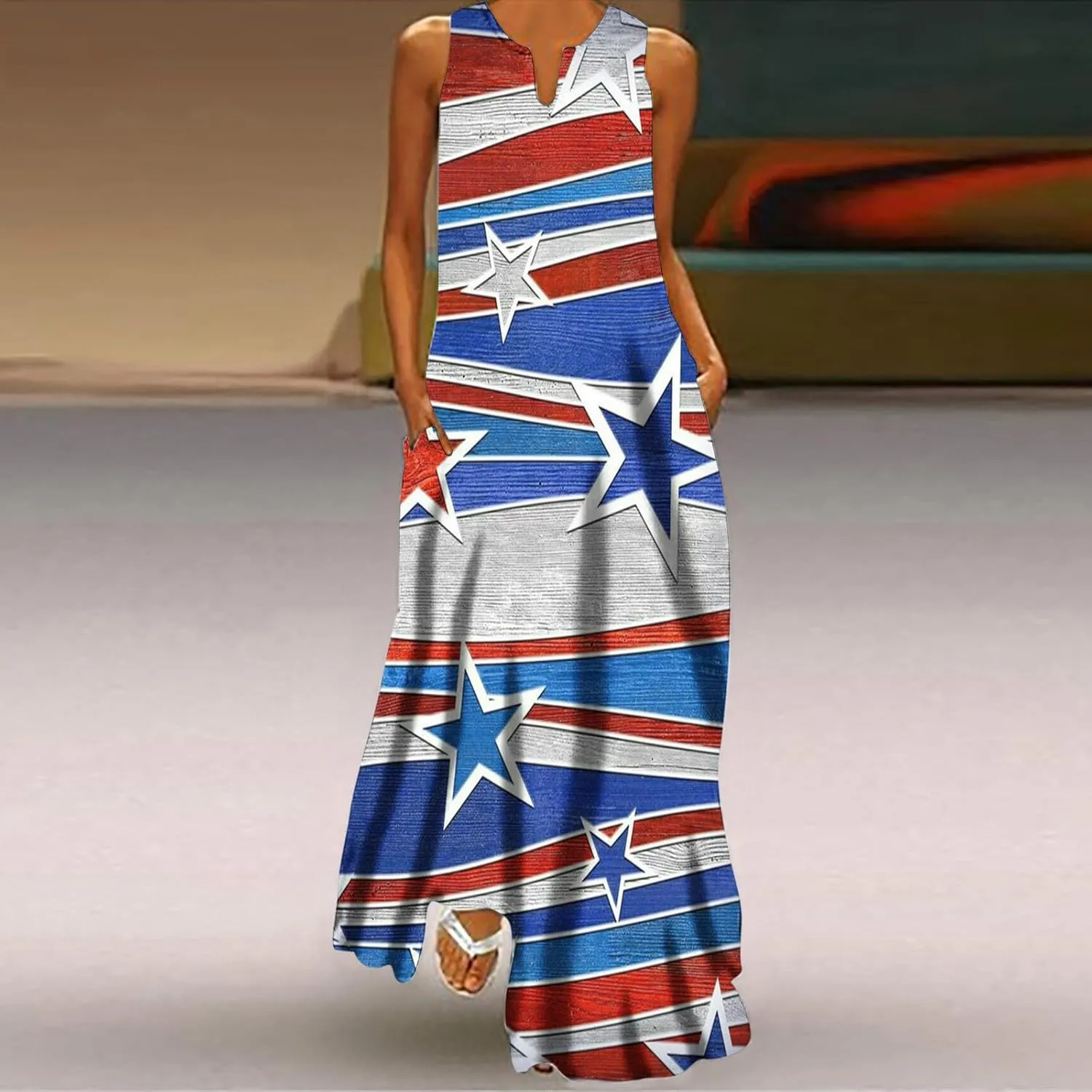 4th of July Maxi Long Dresses for Women 2023 Casual Summer Sleeveless Flowy Tank Sundress Star Stripes Patriotic Dress