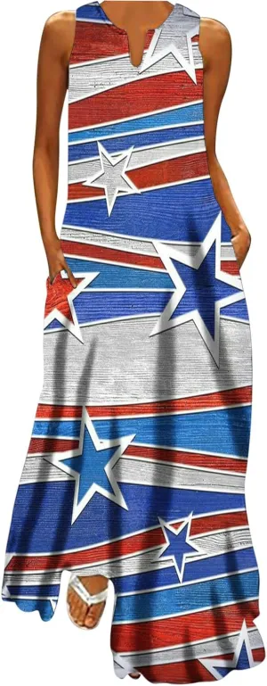 4th of July Maxi Long Dresses for Women 2023 Casual Summer Sleeveless Flowy Tank Sundress Star Stripes Patriotic Dress