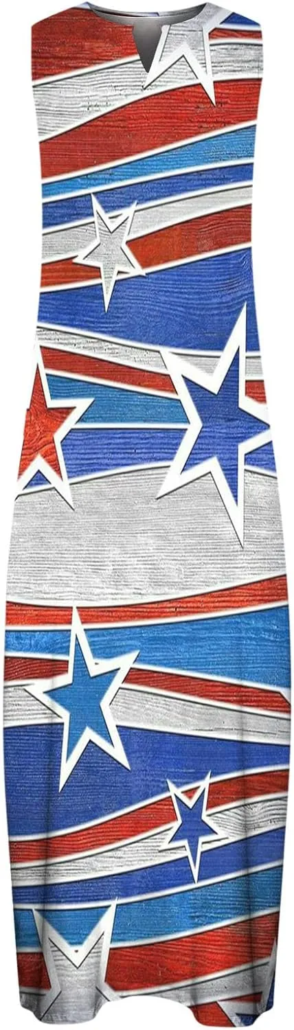 4th of July Maxi Long Dresses for Women 2023 Casual Summer Sleeveless Flowy Tank Sundress Star Stripes Patriotic Dress