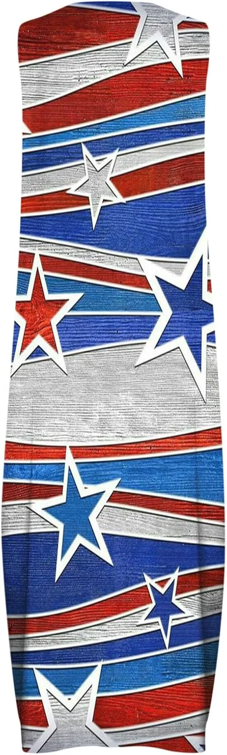 4th of July Maxi Long Dresses for Women 2023 Casual Summer Sleeveless Flowy Tank Sundress Star Stripes Patriotic Dress