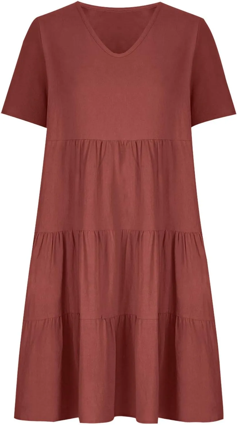 a Line Dresses for Women 2024 Plus Size Short Sleeve Tiered Knee Length Dresses v Neck Solid Loose Fit Casual Dresses