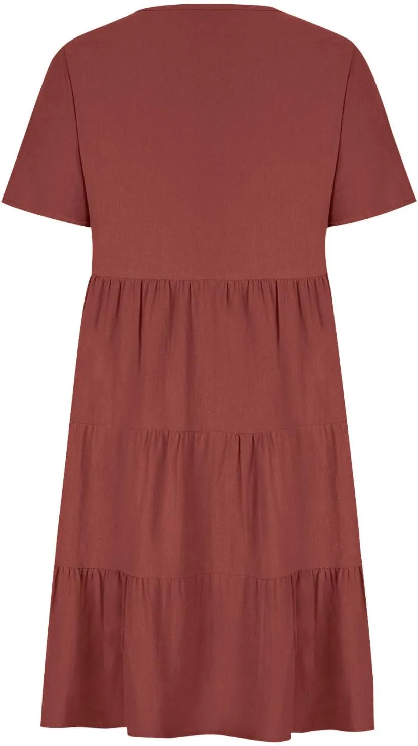a Line Dresses for Women 2024 Plus Size Short Sleeve Tiered Knee Length Dresses v Neck Solid Loose Fit Casual Dresses