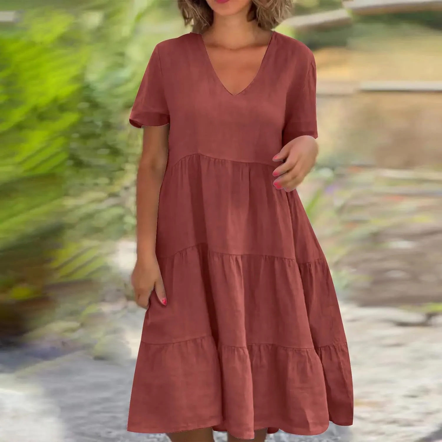 a Line Dresses for Women 2024 Plus Size Short Sleeve Tiered Knee Length Dresses v Neck Solid Loose Fit Casual Dresses