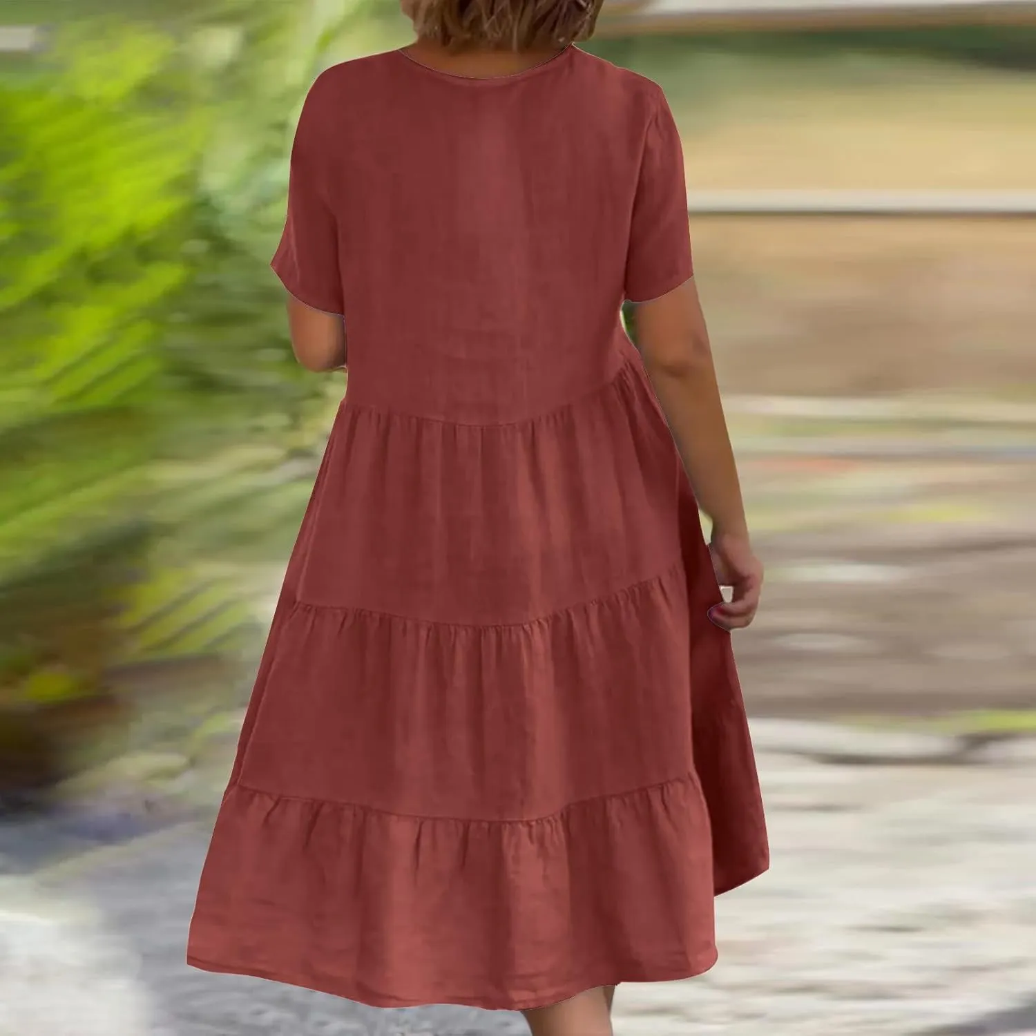 a Line Dresses for Women 2024 Plus Size Short Sleeve Tiered Knee Length Dresses v Neck Solid Loose Fit Casual Dresses