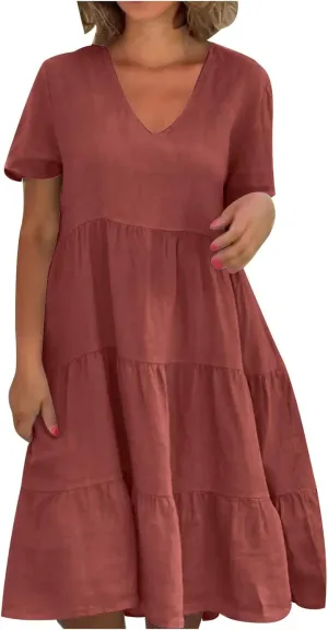 a Line Dresses for Women 2024 Plus Size Short Sleeve Tiered Knee Length Dresses v Neck Solid Loose Fit Casual Dresses
