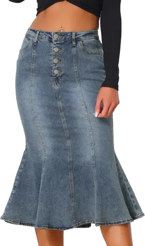 Allegra K Denim Skirt for Women's Washed Fishtail Midi Skirt