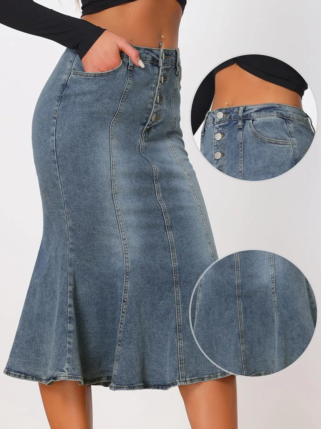 Allegra K Denim Skirt for Women's Washed Fishtail Midi Skirt