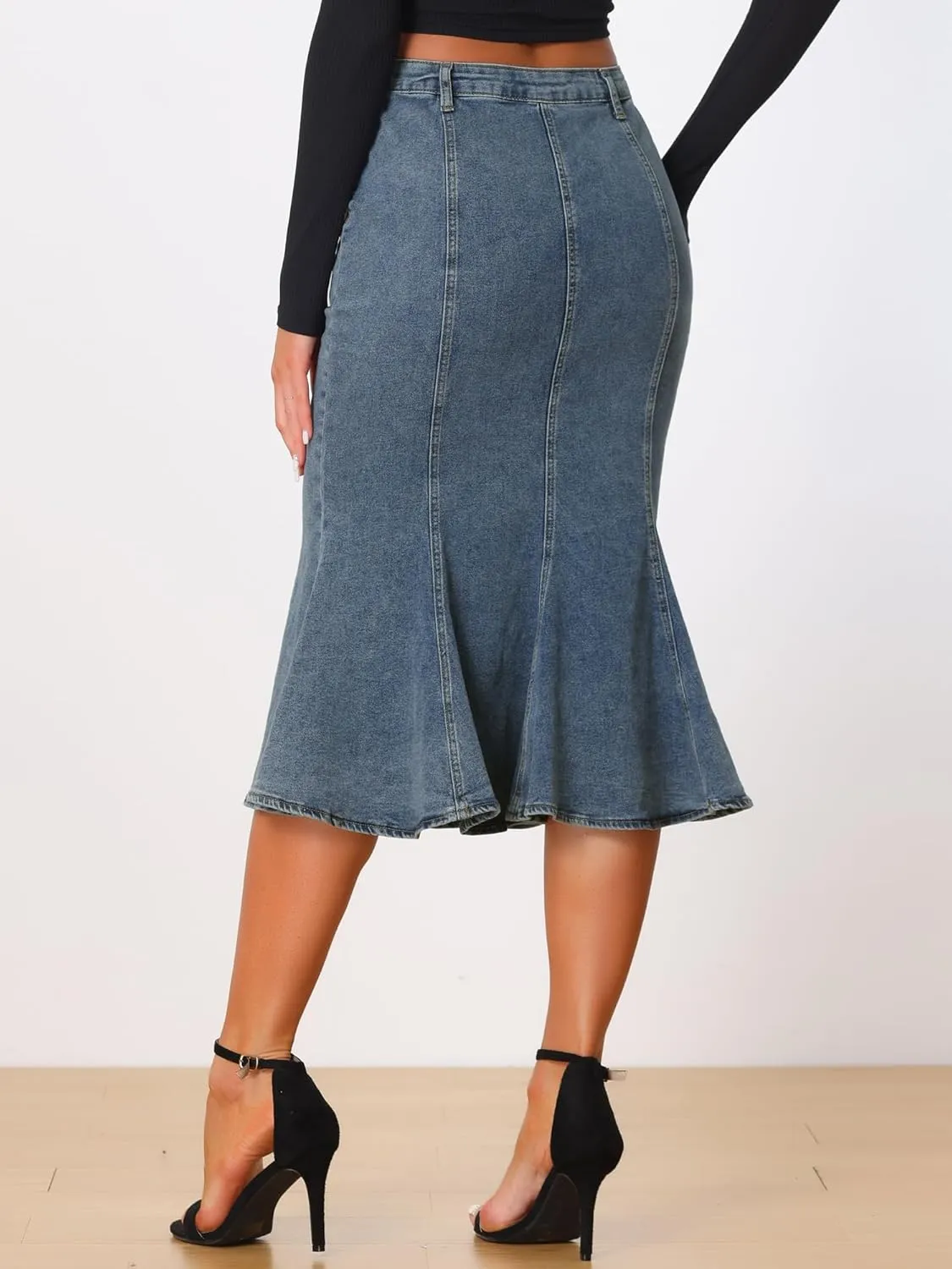Allegra K Denim Skirt for Women's Washed Fishtail Midi Skirt