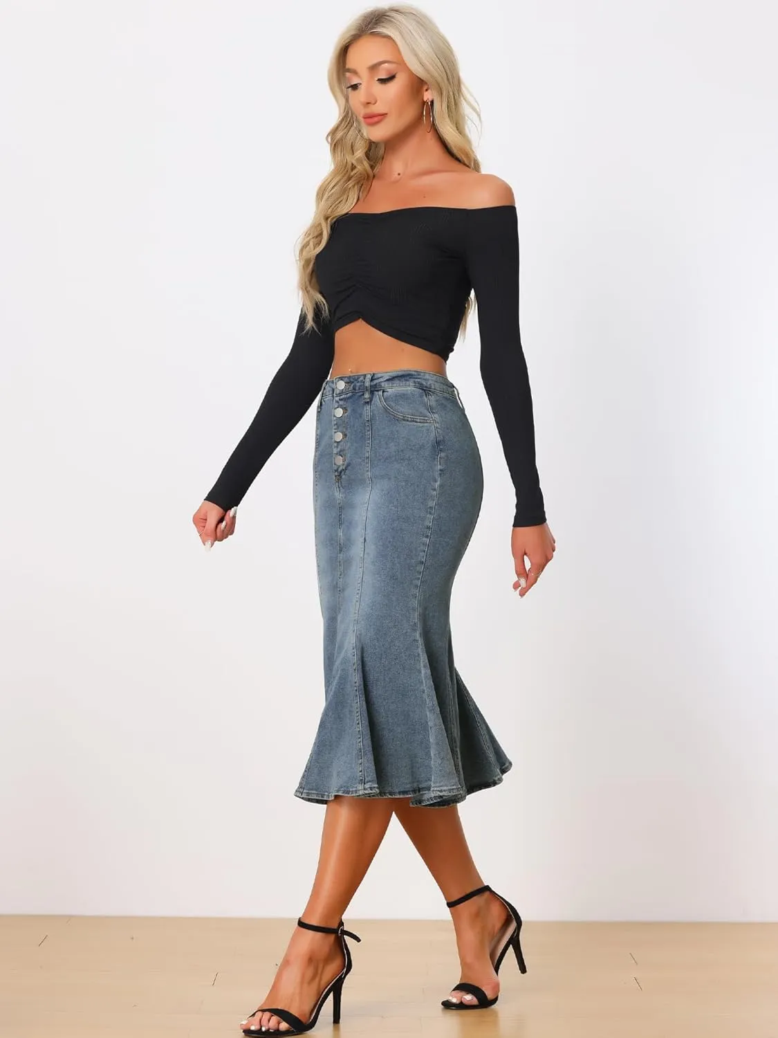 Allegra K Denim Skirt for Women's Washed Fishtail Midi Skirt