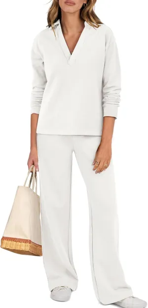 ANRABESS Lounge Sets for Women 2 Piece Outfits Sweatsuit Set Fall V Neck Sweatshirts Wide Leg Pants Tracksuits