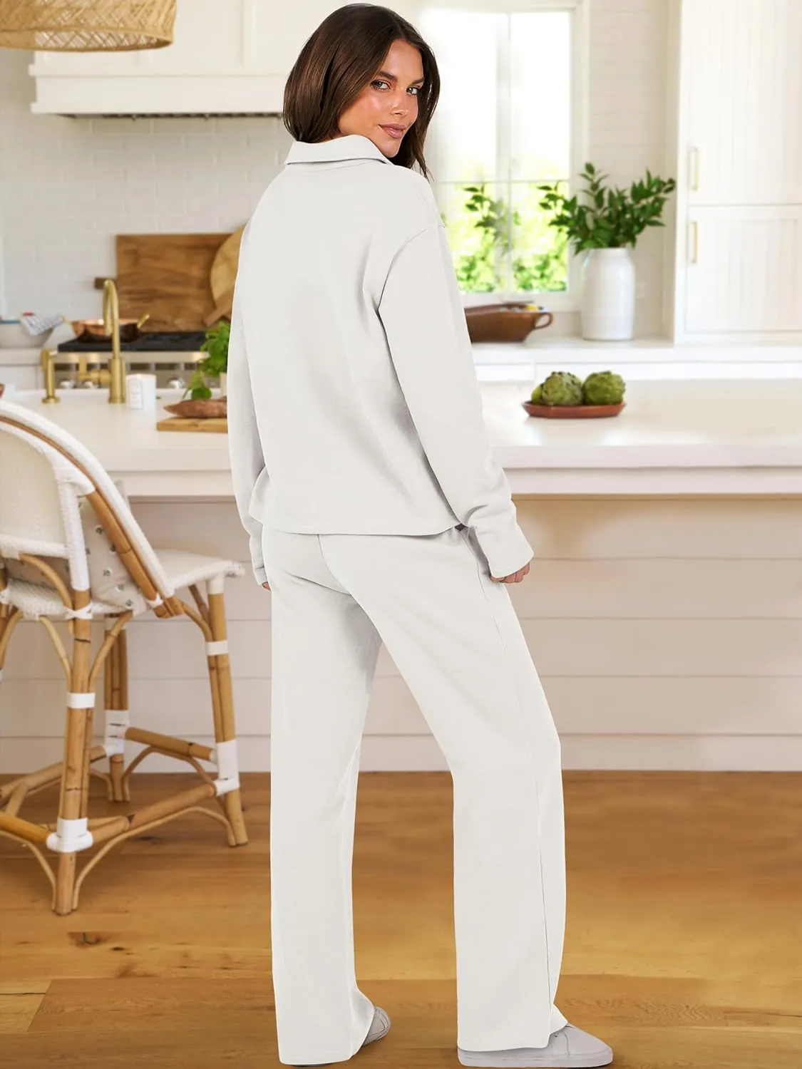 ANRABESS Lounge Sets for Women 2 Piece Outfits Sweatsuit Set Fall V Neck Sweatshirts Wide Leg Pants Tracksuits