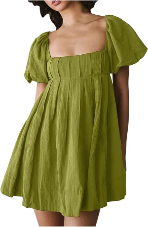 Babydoll Dress for Women 2024 Cute Puff Sleeve Dress Square Neck Short Dress High Waist Ruffle A Line Mini Dresses