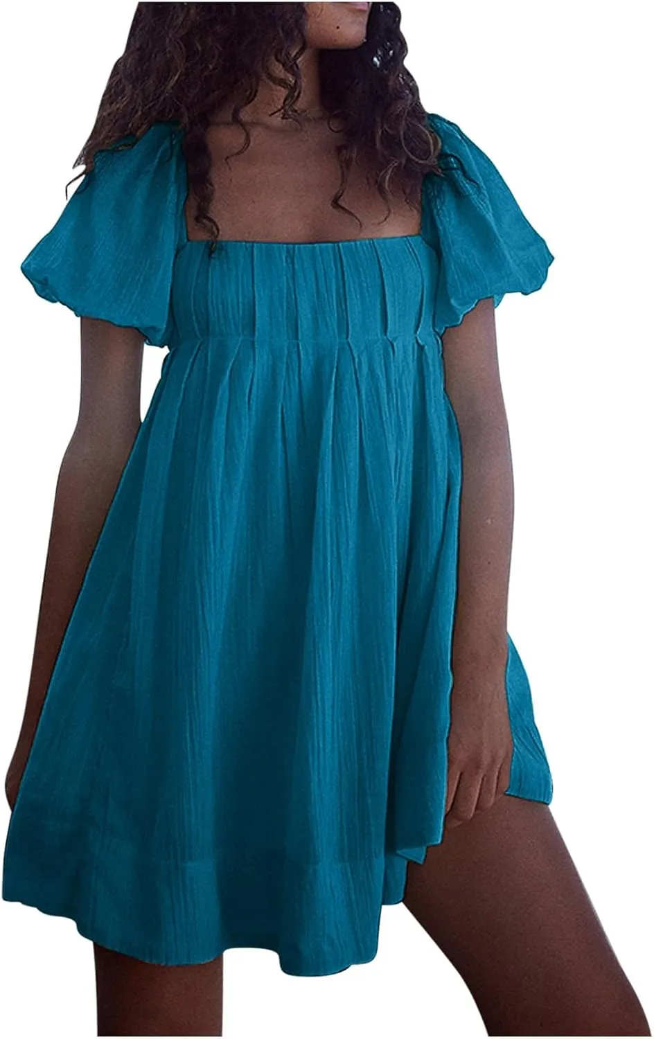 Babydoll Dress for Women 2024 Cute Puff Sleeve Dress Square Neck Short Dress High Waist Ruffle A Line Mini Dresses