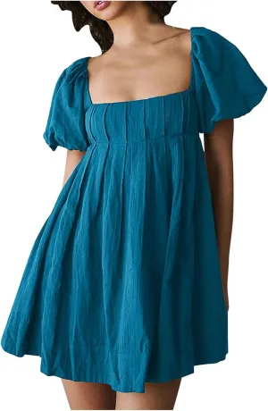 Babydoll Dress for Women 2024 Cute Puff Sleeve Dress Square Neck Short Dress High Waist Ruffle A Line Mini Dresses