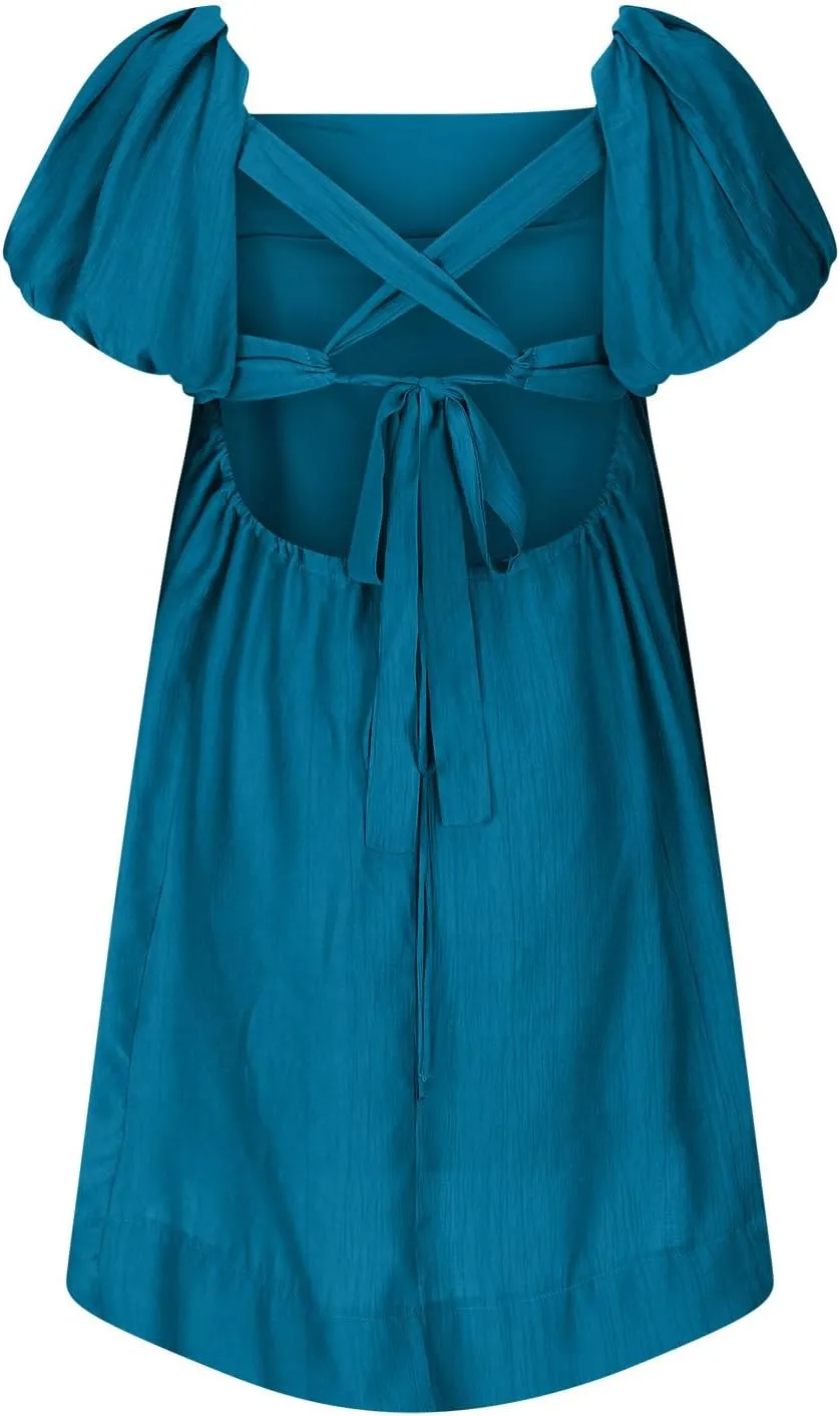 Babydoll Dress for Women 2024 Cute Puff Sleeve Dress Square Neck Short Dress High Waist Ruffle A Line Mini Dresses