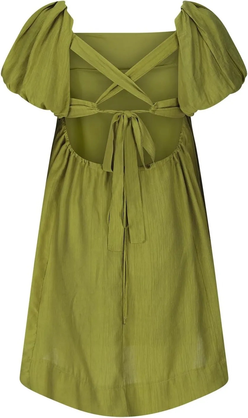 Babydoll Dress for Women 2024 Cute Puff Sleeve Dress Square Neck Short Dress High Waist Ruffle A Line Mini Dresses
