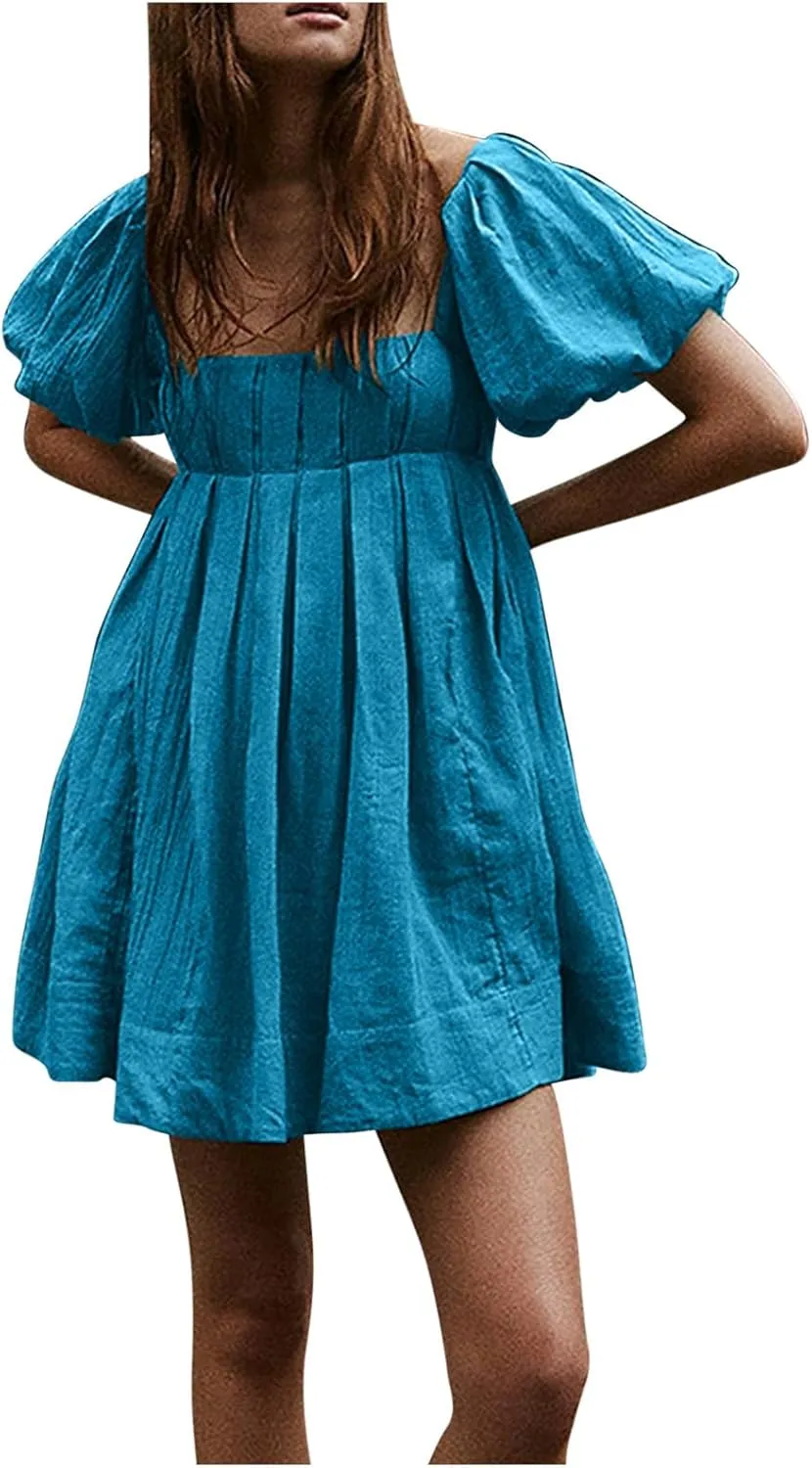 Babydoll Dress for Women 2024 Cute Puff Sleeve Dress Square Neck Short Dress High Waist Ruffle A Line Mini Dresses