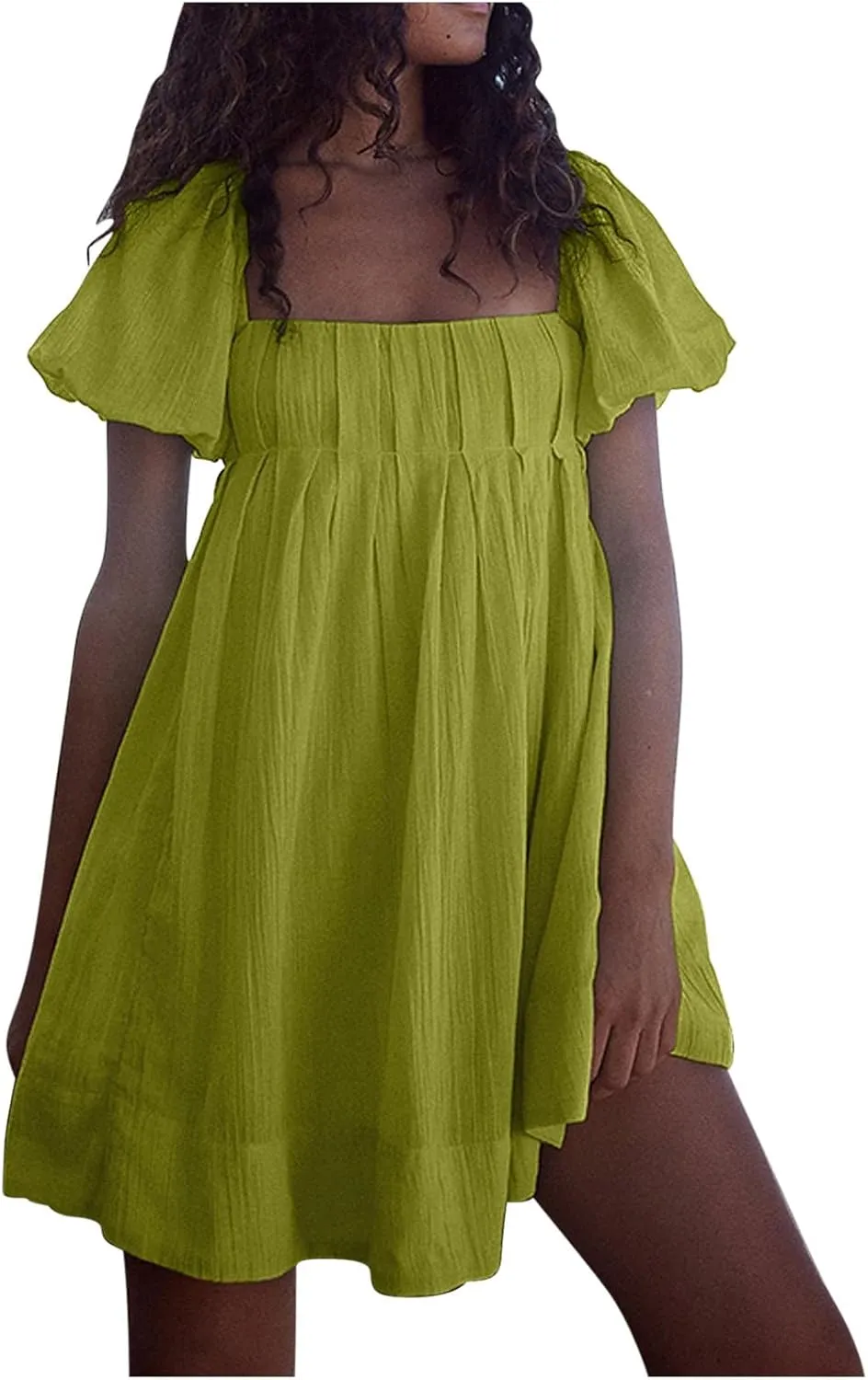 Babydoll Dress for Women 2024 Cute Puff Sleeve Dress Square Neck Short Dress High Waist Ruffle A Line Mini Dresses