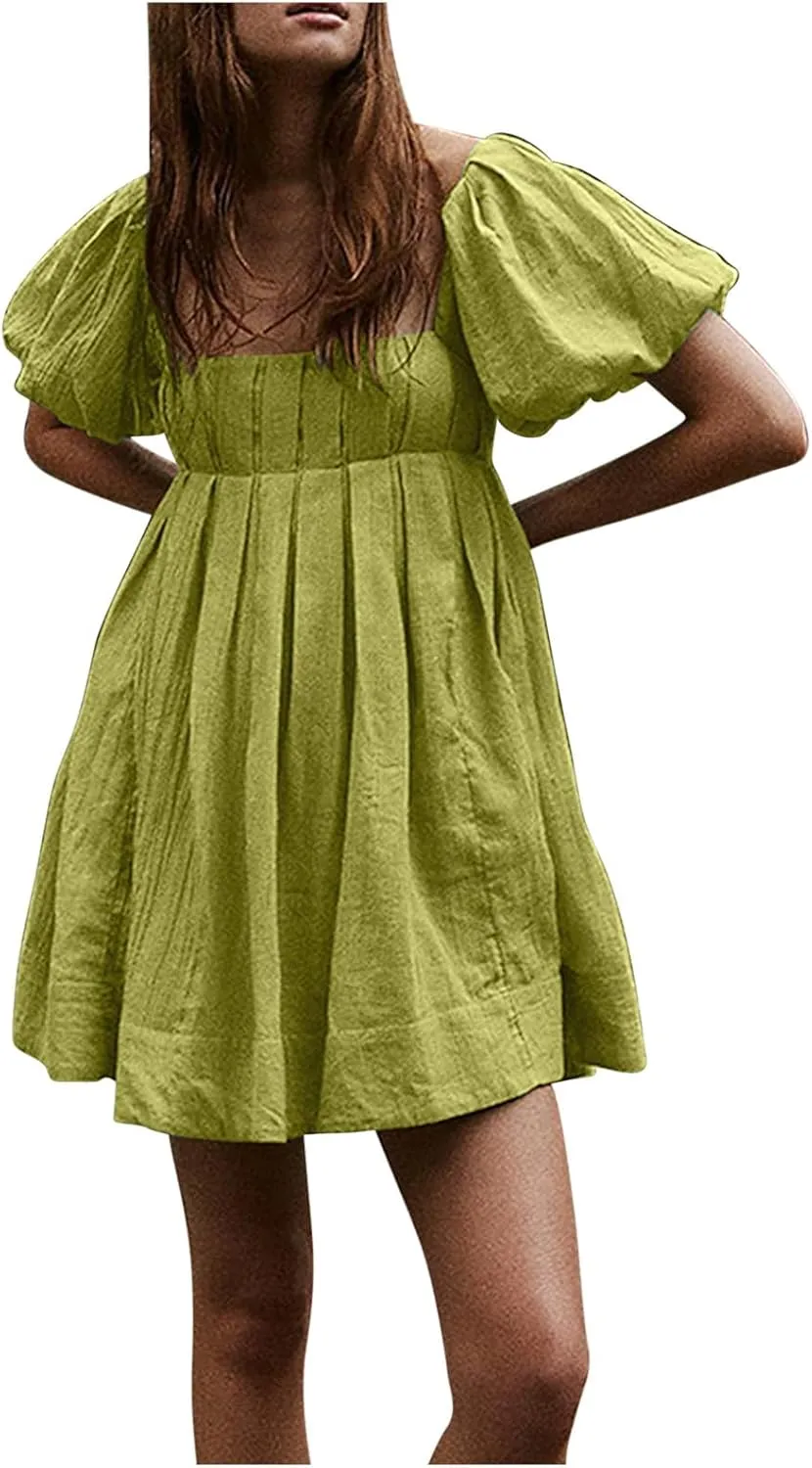 Babydoll Dress for Women 2024 Cute Puff Sleeve Dress Square Neck Short Dress High Waist Ruffle A Line Mini Dresses