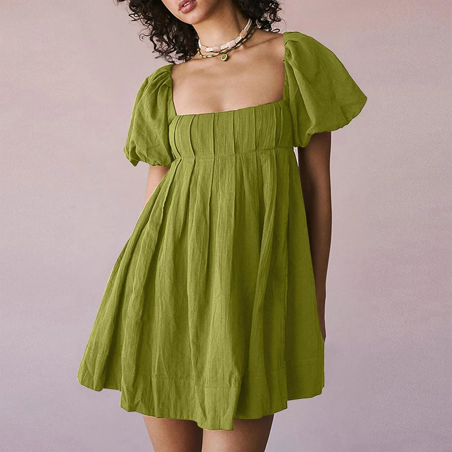 Babydoll Dress for Women 2024 Cute Puff Sleeve Dress Square Neck Short Dress High Waist Ruffle A Line Mini Dresses