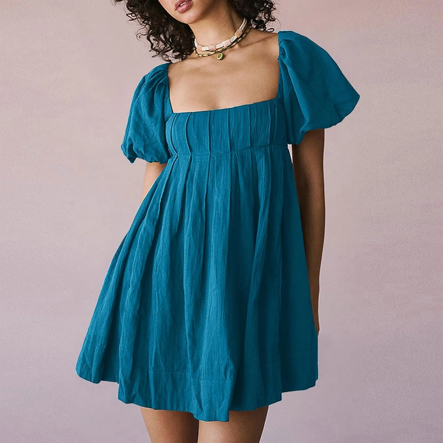 Babydoll Dress for Women 2024 Cute Puff Sleeve Dress Square Neck Short Dress High Waist Ruffle A Line Mini Dresses