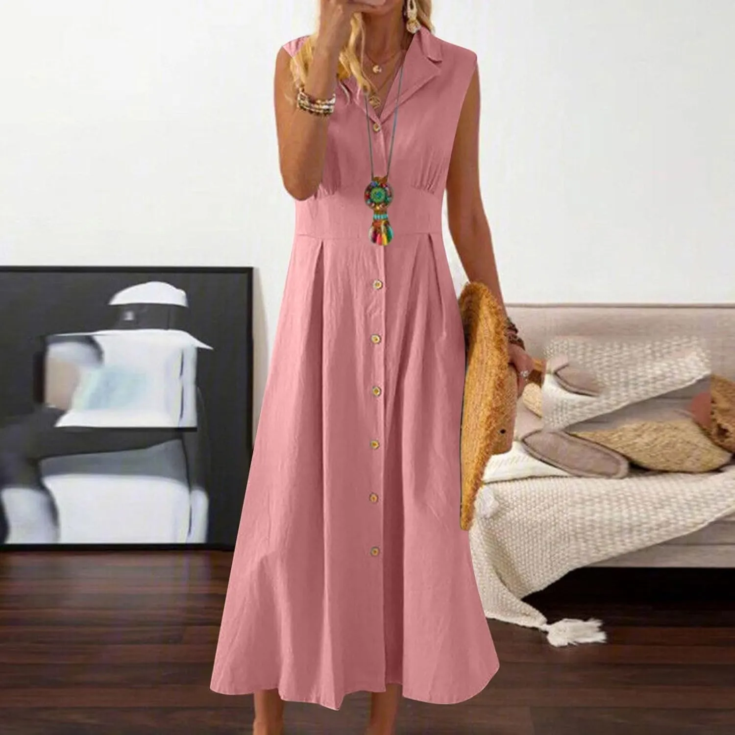 BAXLIMEK Linen Dresses for Women 2025,Summer Trendy Sleeveless Lapel Button Down Dress Flowy Ruched Work Office Maxi Dress
