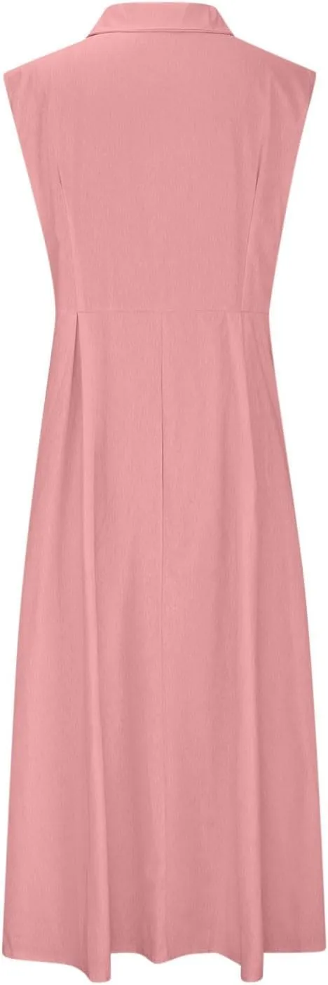 BAXLIMEK Linen Dresses for Women 2025,Summer Trendy Sleeveless Lapel Button Down Dress Flowy Ruched Work Office Maxi Dress