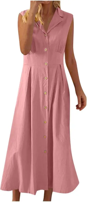 BAXLIMEK Linen Dresses for Women 2025,Summer Trendy Sleeveless Lapel Button Down Dress Flowy Ruched Work Office Maxi Dress