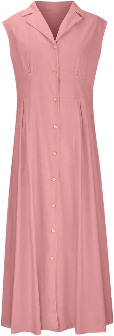 BAXLIMEK Linen Dresses for Women 2025,Summer Trendy Sleeveless Lapel Button Down Dress Flowy Ruched Work Office Maxi Dress