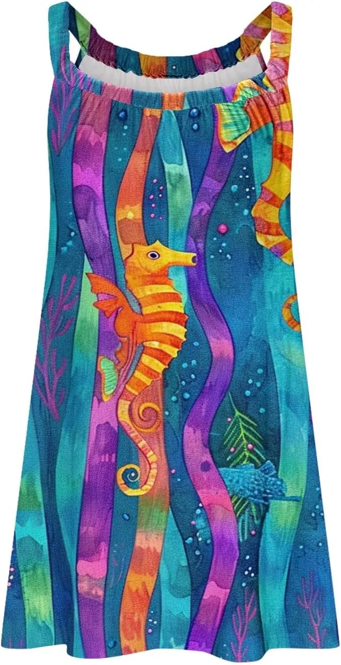Beach Dresses for Women Summer Casual Loose Round Neck Sleeveless Knee Length Sundresses Printed Dress 2024 Vacation