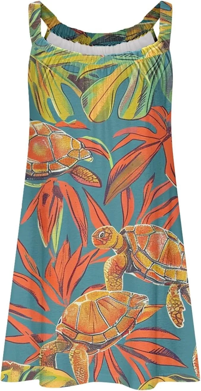 Beach Dresses for Women Summer Casual Loose Round Neck Sleeveless Knee Length Sundresses Printed Dress 2024 Vacation