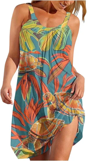 Beach Dresses for Women Summer Casual Loose Round Neck Sleeveless Knee Length Sundresses Printed Dress 2024 Vacation