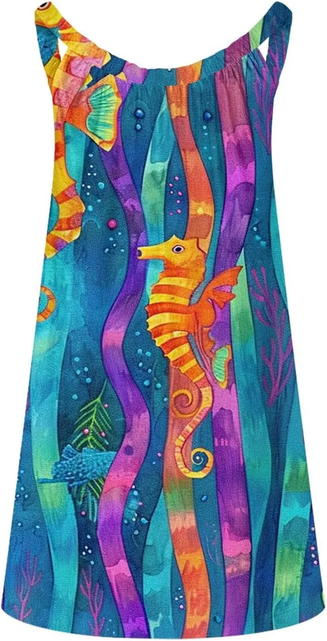 Beach Dresses for Women Summer Casual Loose Round Neck Sleeveless Knee Length Sundresses Printed Dress 2024 Vacation