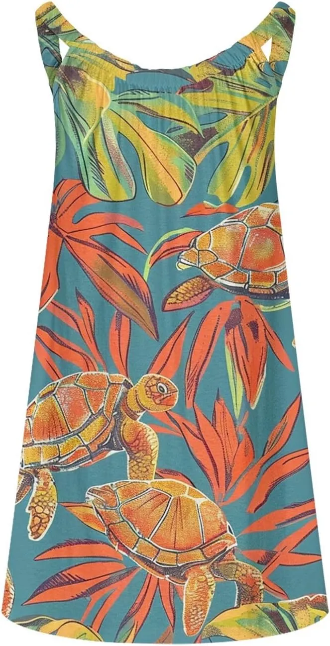 Beach Dresses for Women Summer Casual Loose Round Neck Sleeveless Knee Length Sundresses Printed Dress 2024 Vacation