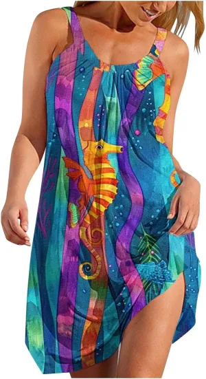 Beach Dresses for Women Summer Casual Loose Round Neck Sleeveless Knee Length Sundresses Printed Dress 2024 Vacation