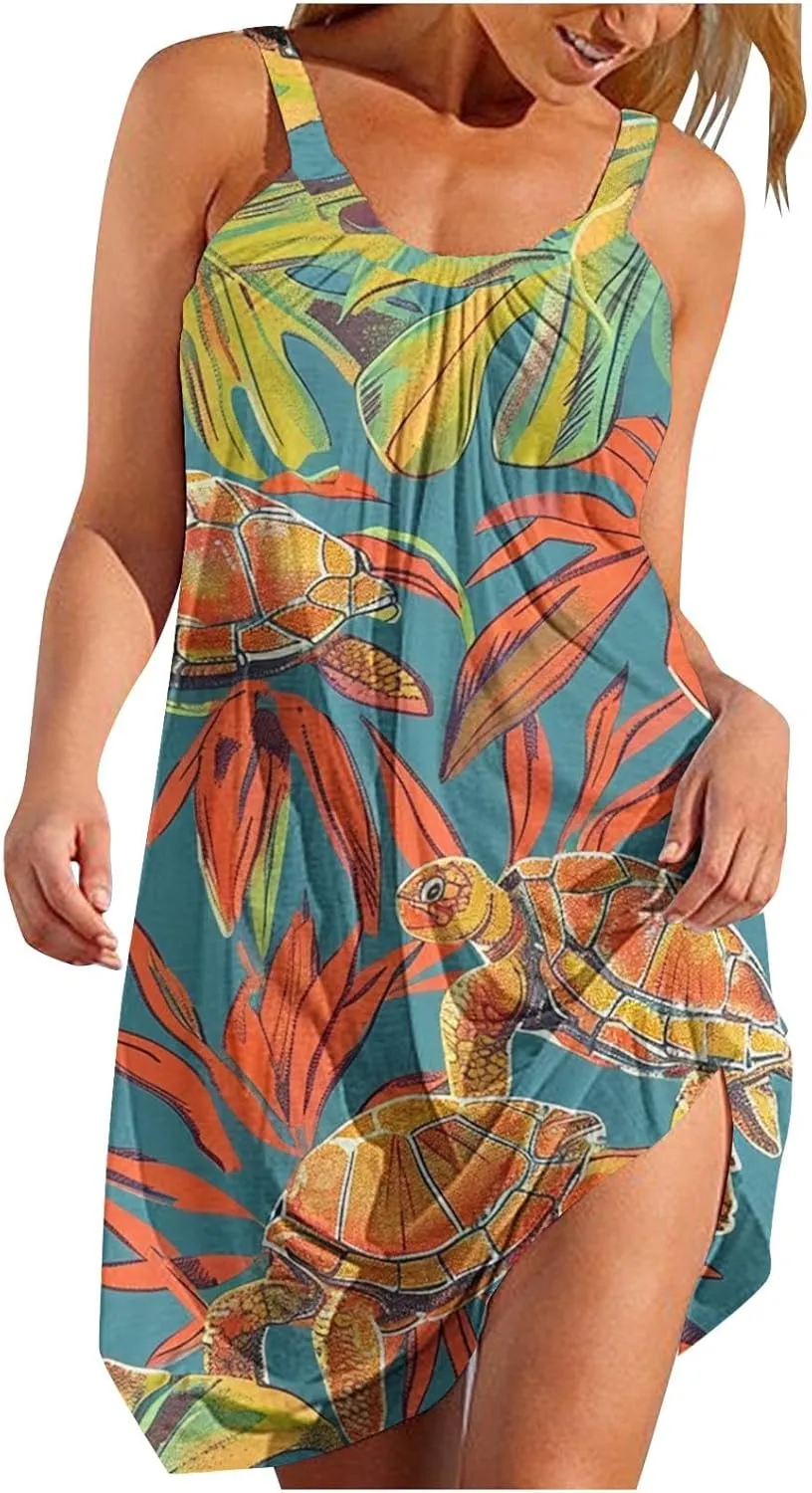 Beach Dresses for Women Summer Casual Loose Round Neck Sleeveless Knee Length Sundresses Printed Dress 2024 Vacation