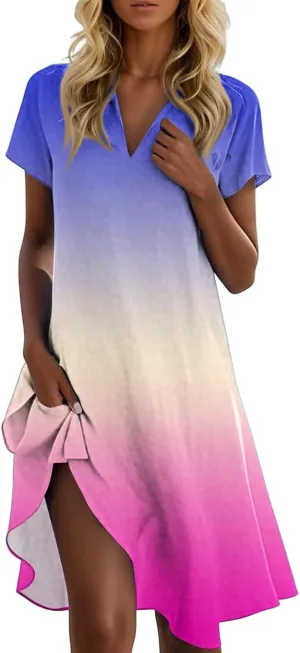 Beach Vacation Clothes for Women Womens Summer Dresses Trendy 2025 V-Neck Short Sleeve Sundress Novelty Dress