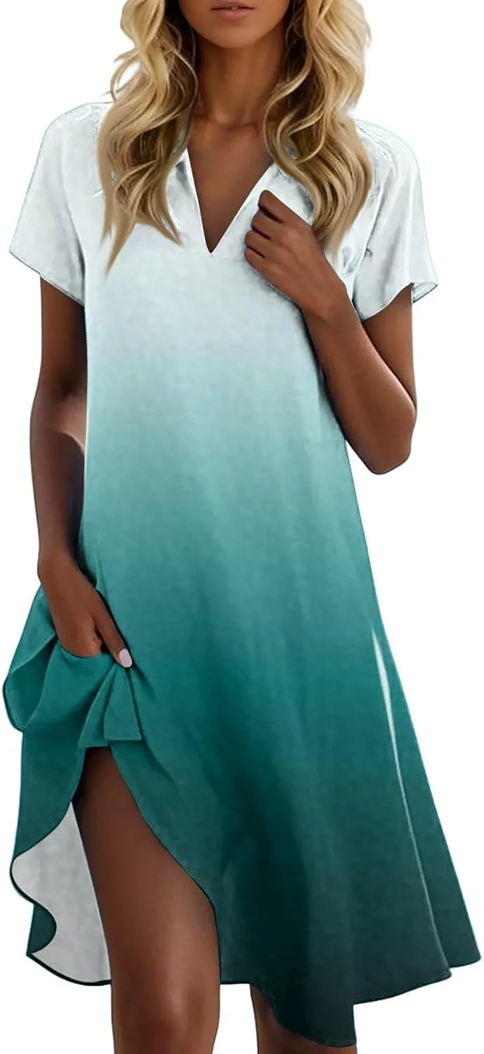 Beach Vacation Clothes for Women Womens Summer Dresses Trendy 2025 V-Neck Short Sleeve Sundress Novelty Dress