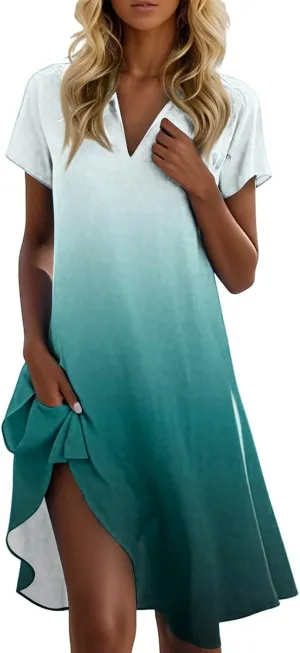 Beach Vacation Clothes for Women Womens Summer Dresses Trendy 2025 V-Neck Short Sleeve Sundress Novelty Dress