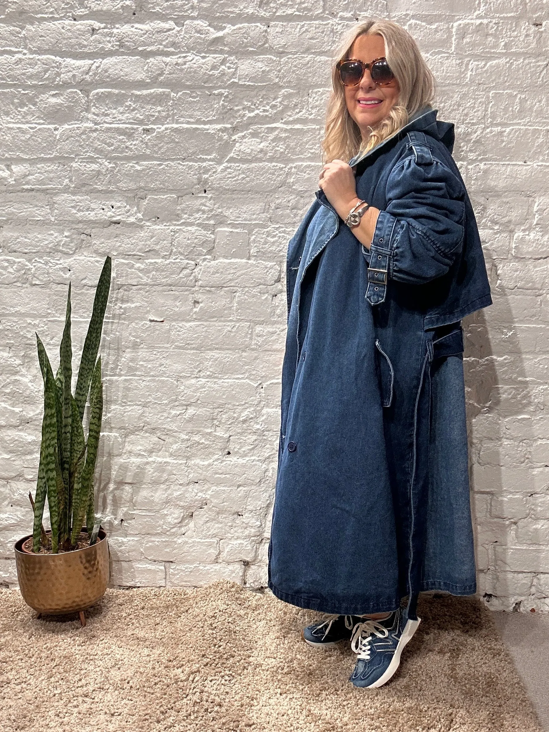Bluefoundry Classic Oversized Belted Trench In Blue Denim Hoodie