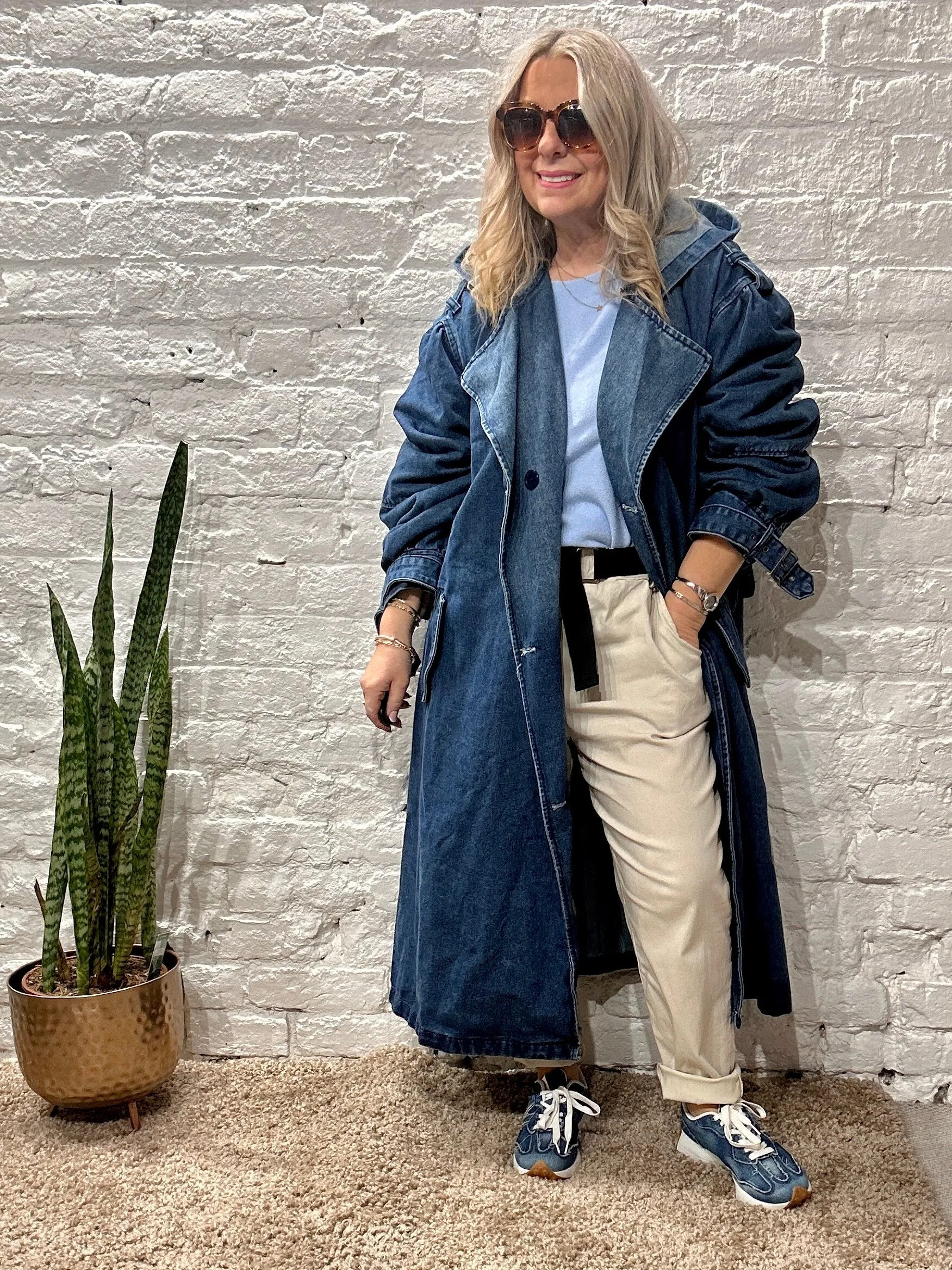 Bluefoundry Classic Oversized Belted Trench In Blue Denim Hoodie