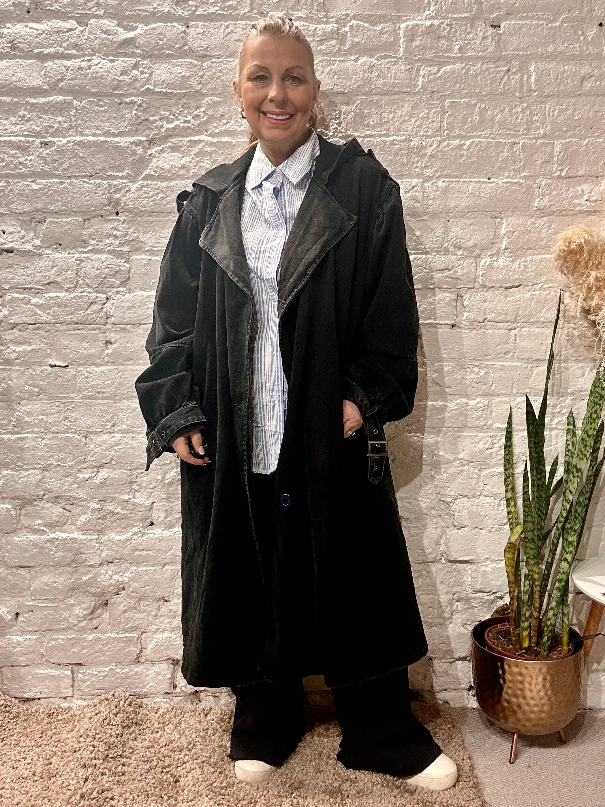 Bluefoundry Classic Oversized Belted Trench In Blue Denim Hoodie
