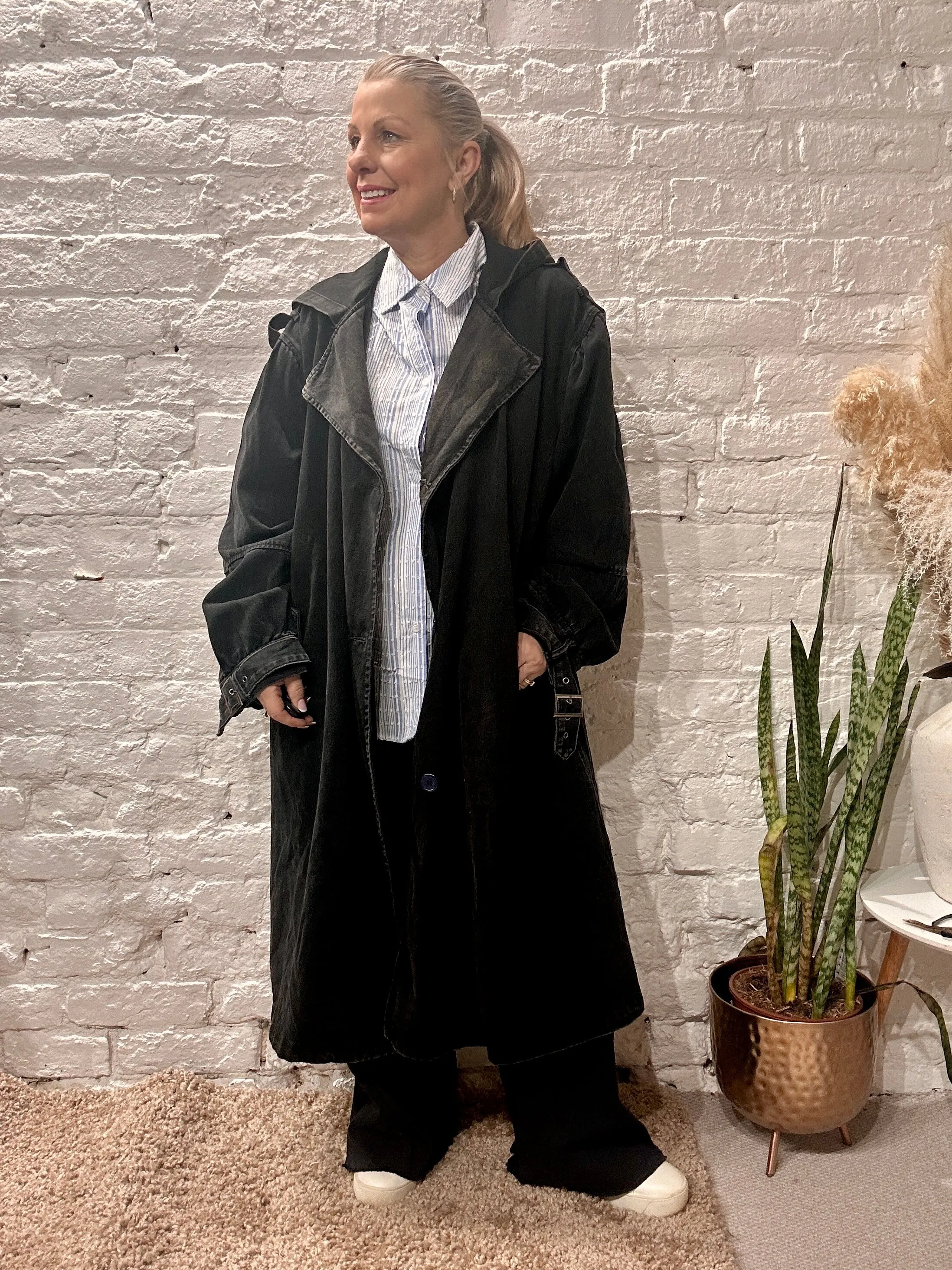 Bluefoundry Classic Oversized Belted Trench In Blue Denim Hoodie
