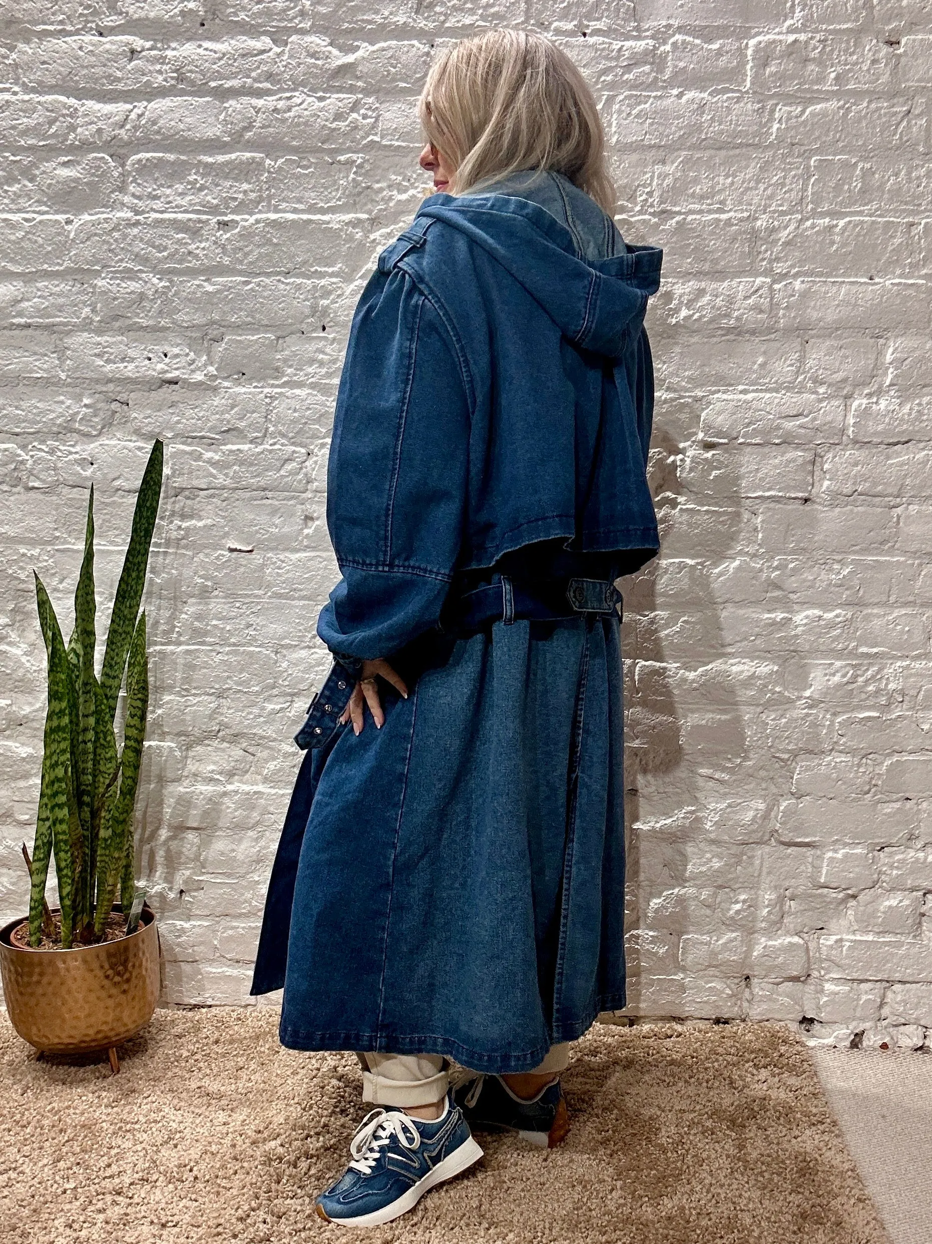 Bluefoundry Classic Oversized Belted Trench In Blue Denim Hoodie