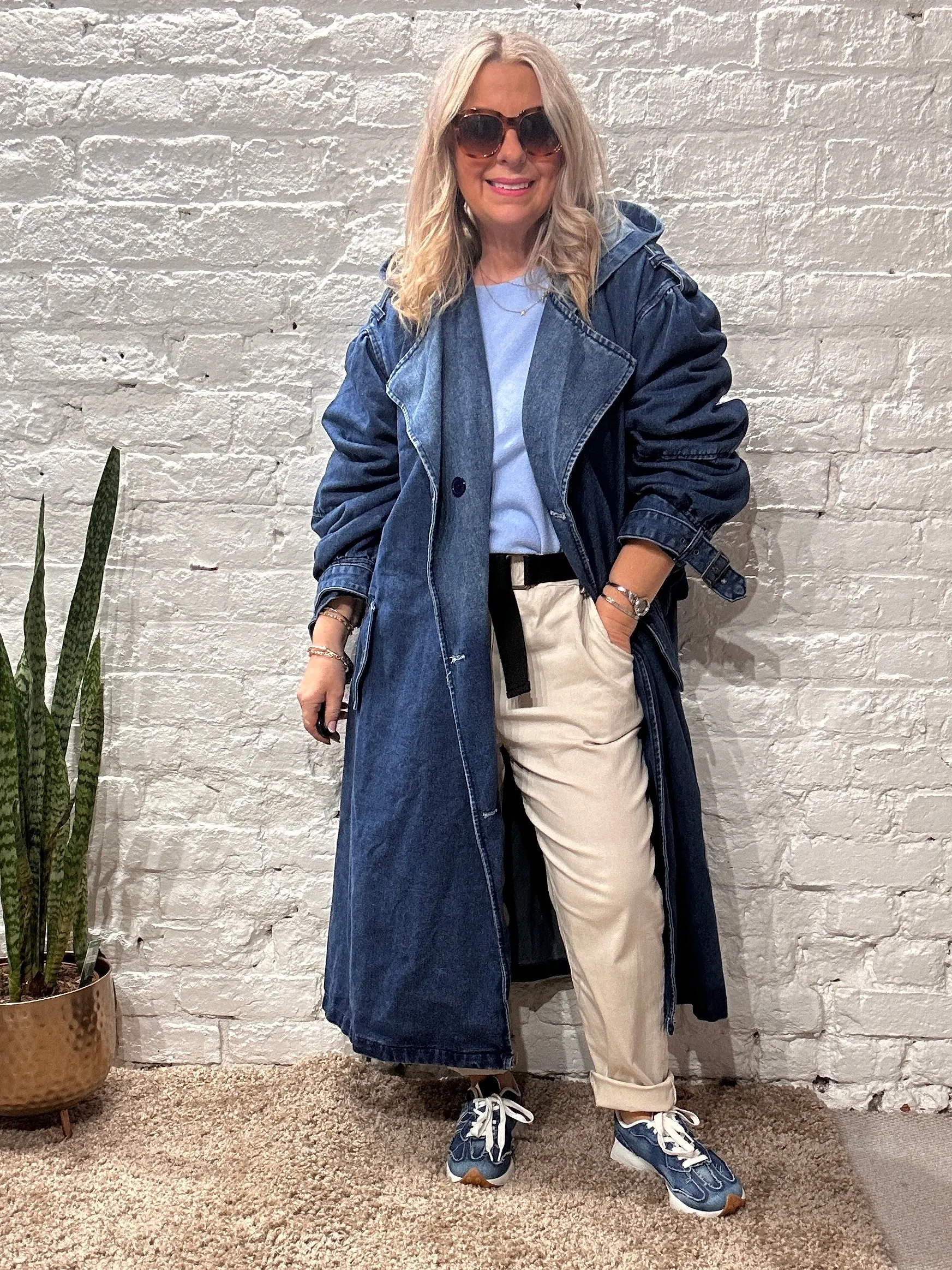 Bluefoundry Classic Oversized Belted Trench In Blue Denim Hoodie