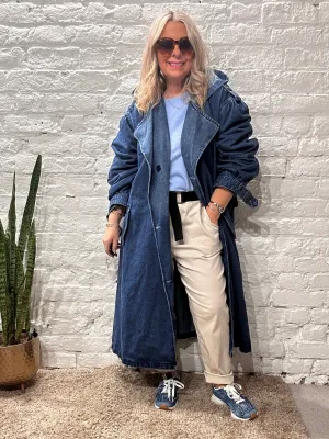 Bluefoundry Classic Oversized Belted Trench In Blue Denim Hoodie