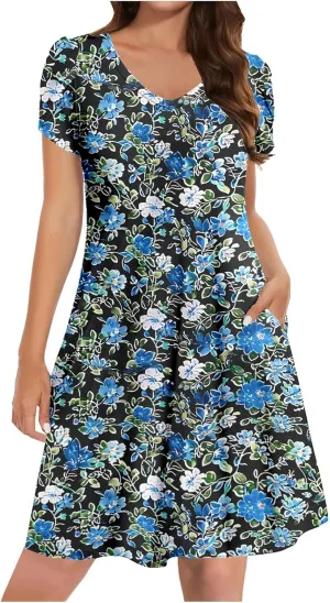 Boho Dresses for Women Summer Floral Print Short Sleeve Crew Neck Mini Dress 2025 Casual Beach A Line Flowy Sundress